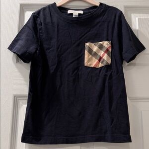 Boys Authentic Burberry Navy Pocket Tee with Plaid Accent